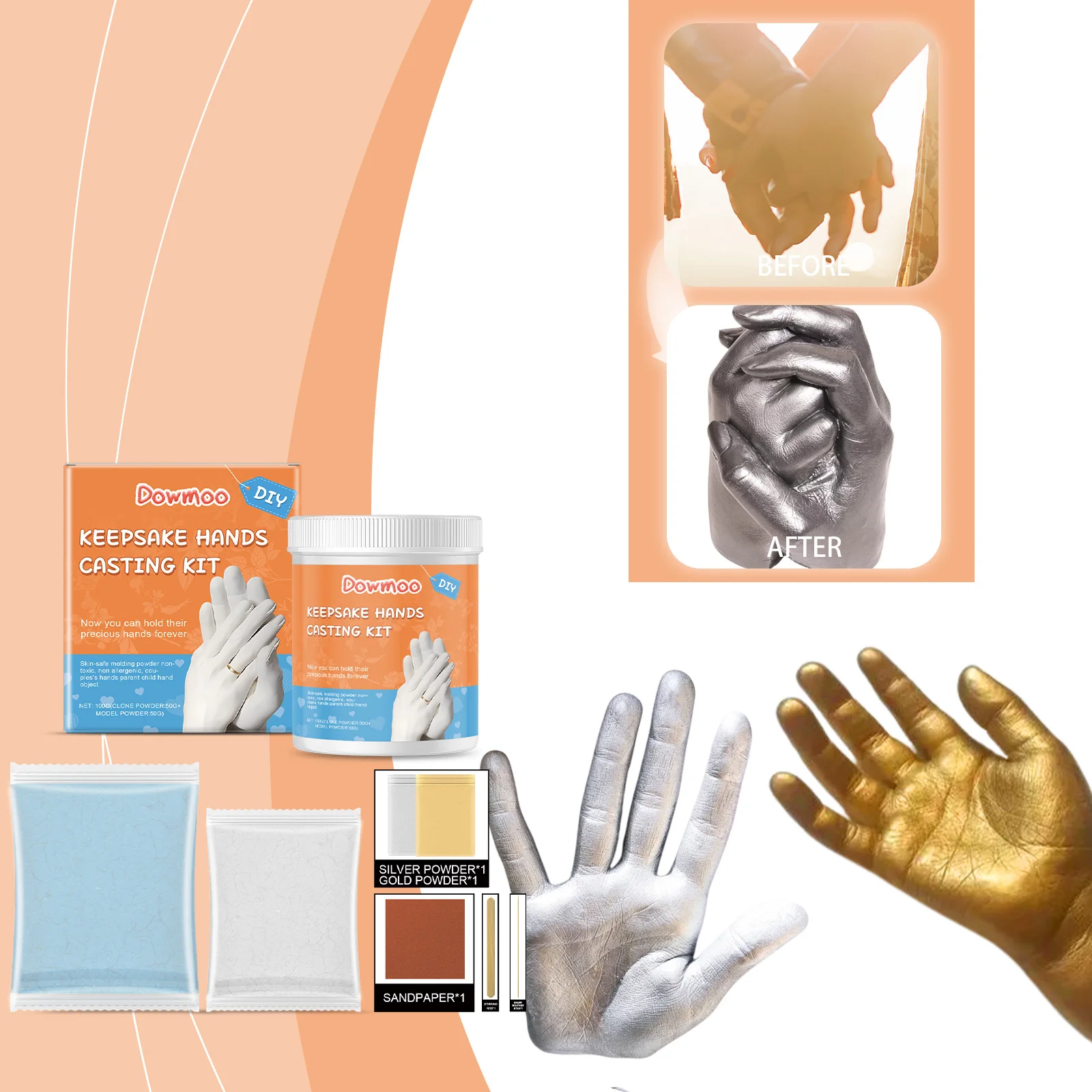 3D Hand Casting Kit - Box, Retarder & Filler Active Clone & Plaster Powder, DIY 3D Keepsake Mold Making Kit with Gold & Silver Finish for Couples, Families & Loved Ones