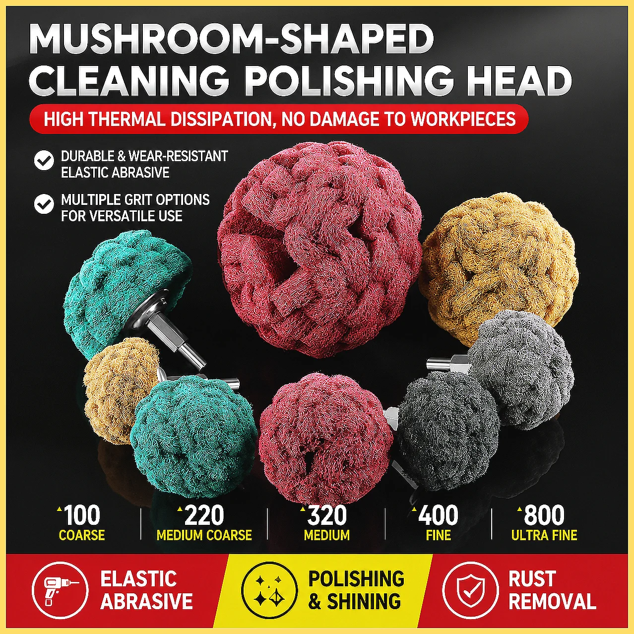 Nylon Fiber Mushroom Polishing Wheel with Handle, Nylon Fiber Abrasive Scouring Pad for Rust Removal & Stainless Steel Wire B