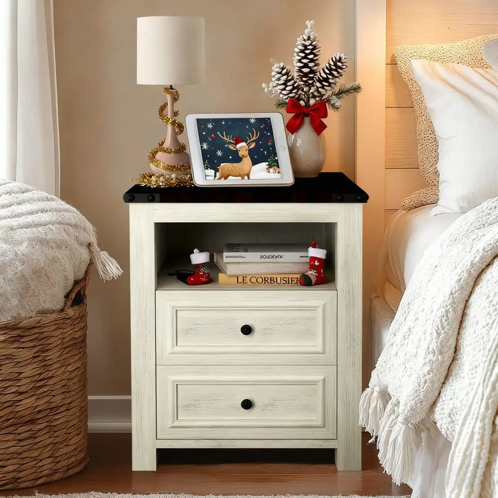 Night Stand Set of 2 with Charging Station, Rustic 18 Inch Bedside Table with 2 Storage Drawers and Open Shelf, Modern Wood End - view 3