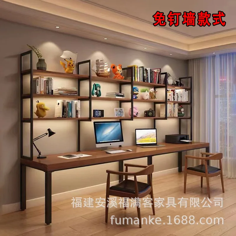 

Solid wood desk, bookshelf, bookcase, integrated combination, double desktop computer desk, household bedroom writing study tabl