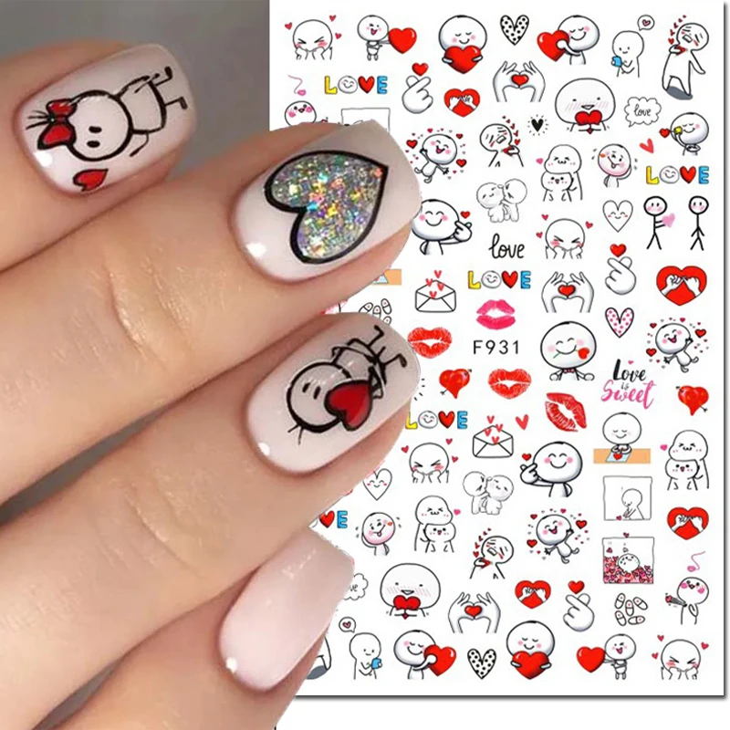 

3d Nail Art Decals Valentine Cute Girls Red Lips Hearts Love Letters Adhesive Sliders Nail Stickers Decoration For Manicure