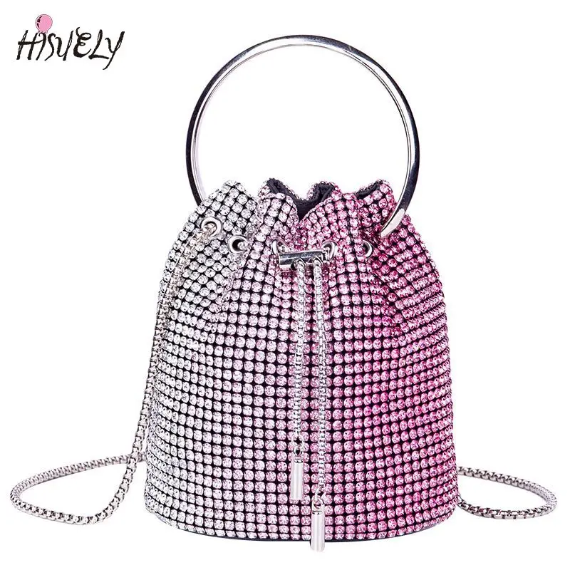 

2025 New Women Full Diamonds Bucket Handbag Rhinestone Clutch Purse Evening Clutch Female Party Prom Cocktail Wedding Dinner