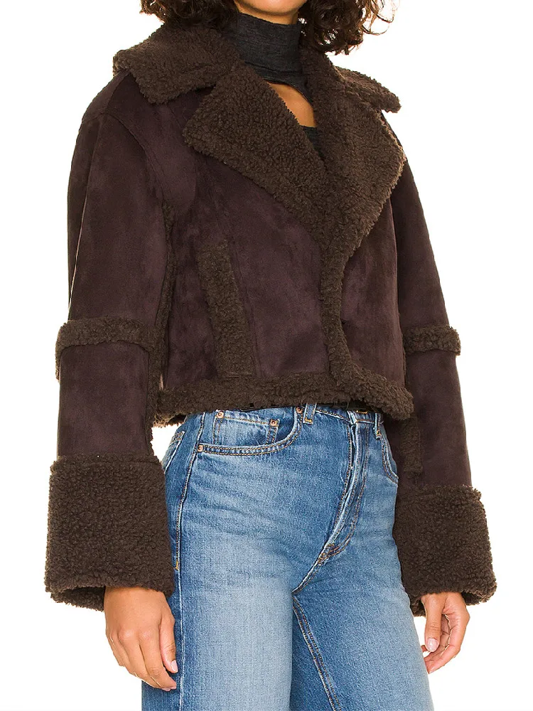 2022 Women Lapel One Button Full Sleeve Furry Warm Jacket Outerwear Autumn Winter Vintage Suede Lamb Teddy Coat Coffee