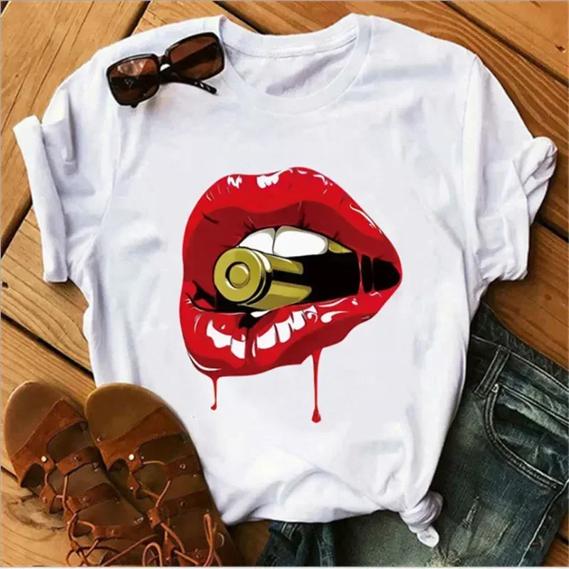 cotton T-shirt Women's Shirt Red Lips Round Printed Sexy Short-sleeved T-shirt Basic T-shirt Rebel White T-shirtS Clothes