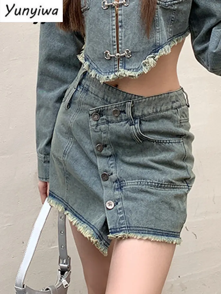 Mini Skirt Sets Women Irregular Short Skirt + Ripped Jeans + Denim Jackets Spring 2023 New Designer Fashion Outfits