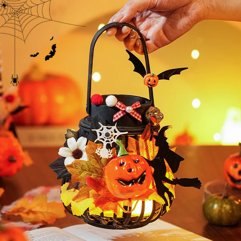 DIY Halloween Rattan Lantern Handheld Pumpkin LED Lamp Home Tabletop Decoration Halloween Party Trick Prop