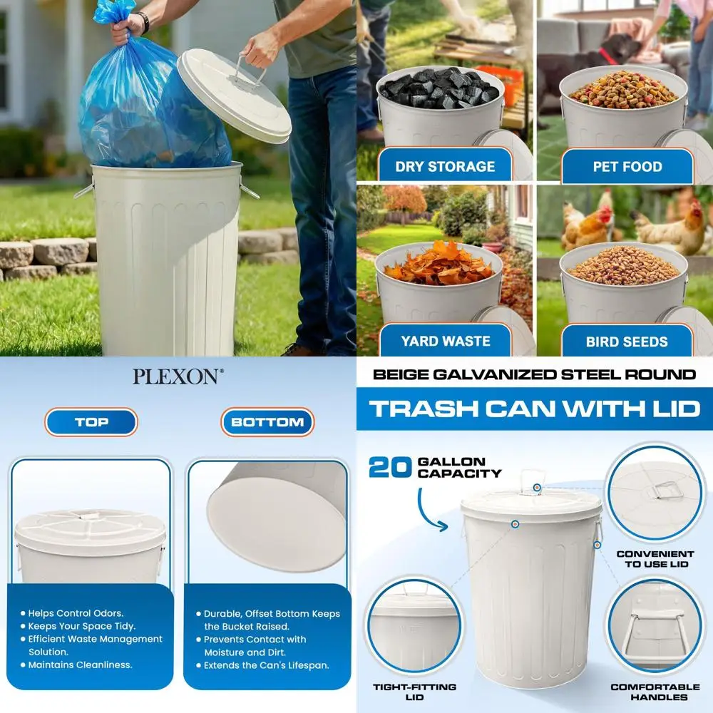 

20 Gallon Decorative Outdoor Metal Trash Bin with Lid, Heavy-Duty Galvanized Bucket for Kitchen or Garage, Beige