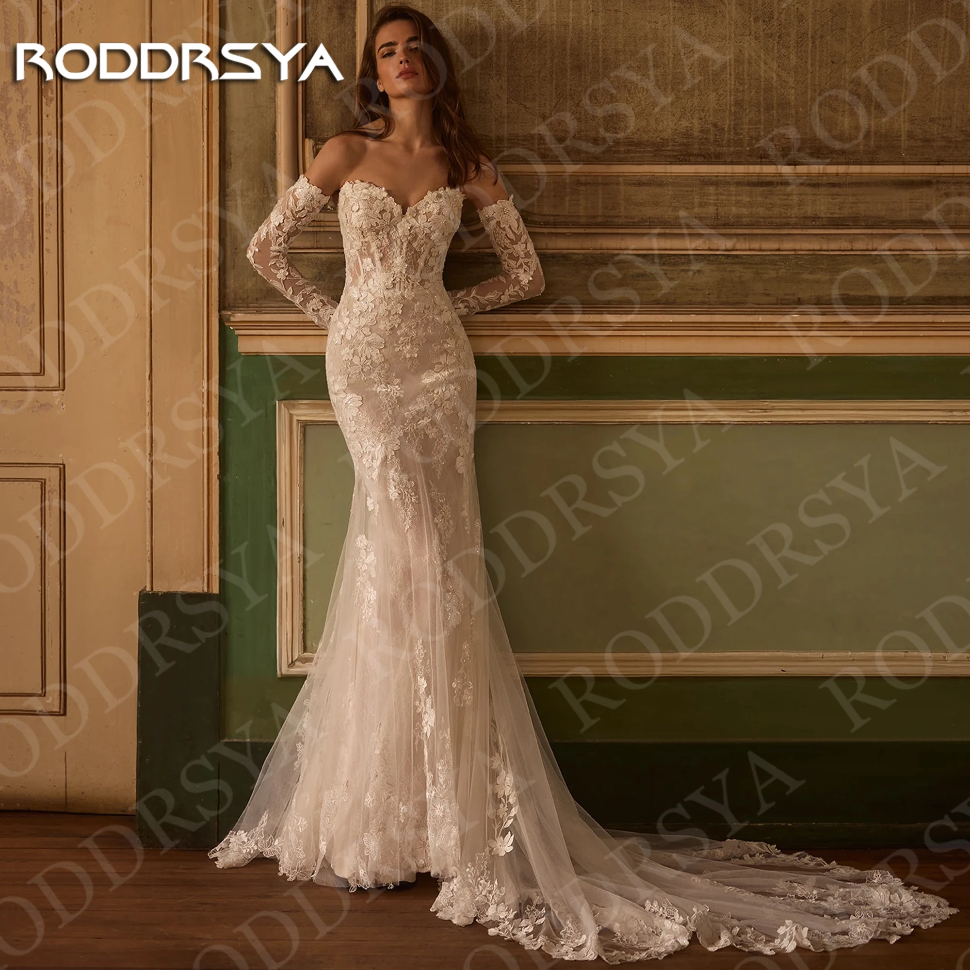 

RODDRSYA Boho Mermaid Wedding Dresses Long Sleeve Lace Appliques Sweetheart Neck Tulle Bridal Dress Customized vestido de novia