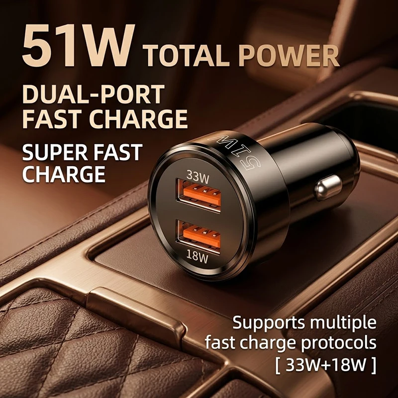 51W Fast Charging Dual USB Car Charger Adapter QC 3.0 Vehicle Cigarette Lighter Power Supply For Smartphones And Tablets