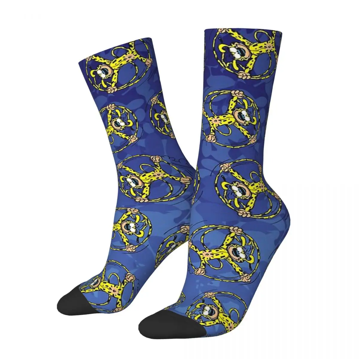 Crazy Sock for Men Marsupilami Rolling In Tail Dark Blue Pattern Hip Hop Harajuku Belgium Comic Printed Boys Crew Sock