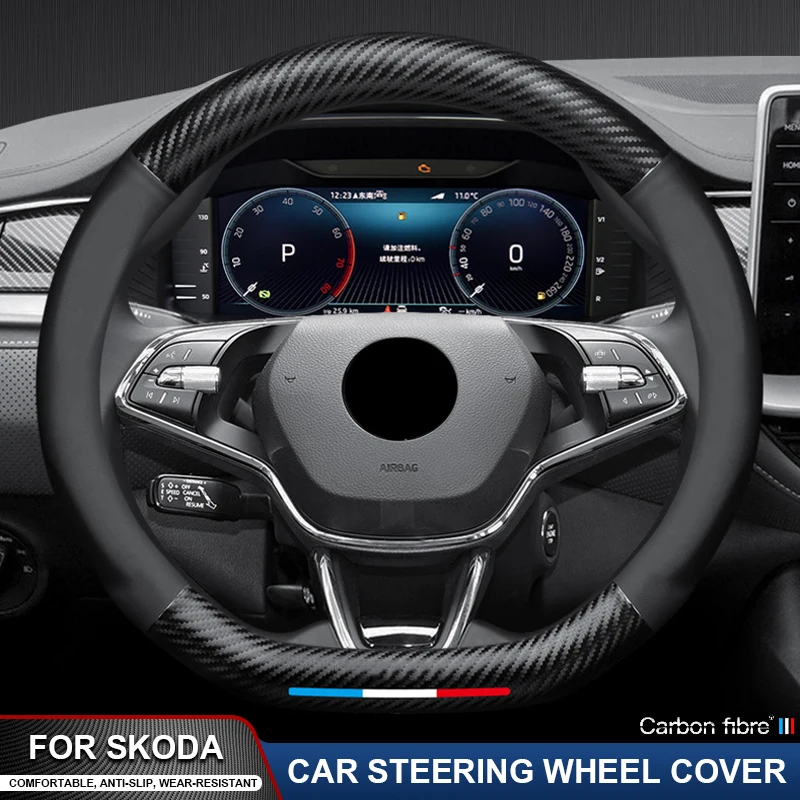 

Leather Carbon Fiber Car Steering Wheel Cover For Skoda VRS Kodiaq Karoq Kamiq Octavia 1 a5 Scala Superb Yeti Fabia ENYAQ Citigo