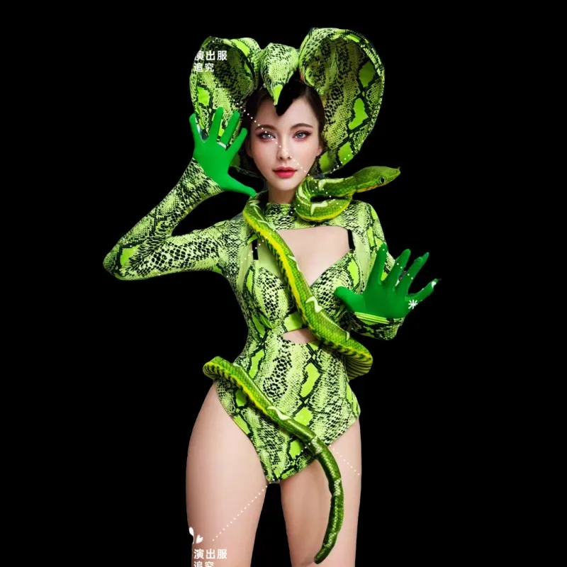 Halloween Party Costume Green Snake Printed Bodysuit Headgear Animal Role Playing Drag Queen Costume Women Team Show Stage Wear