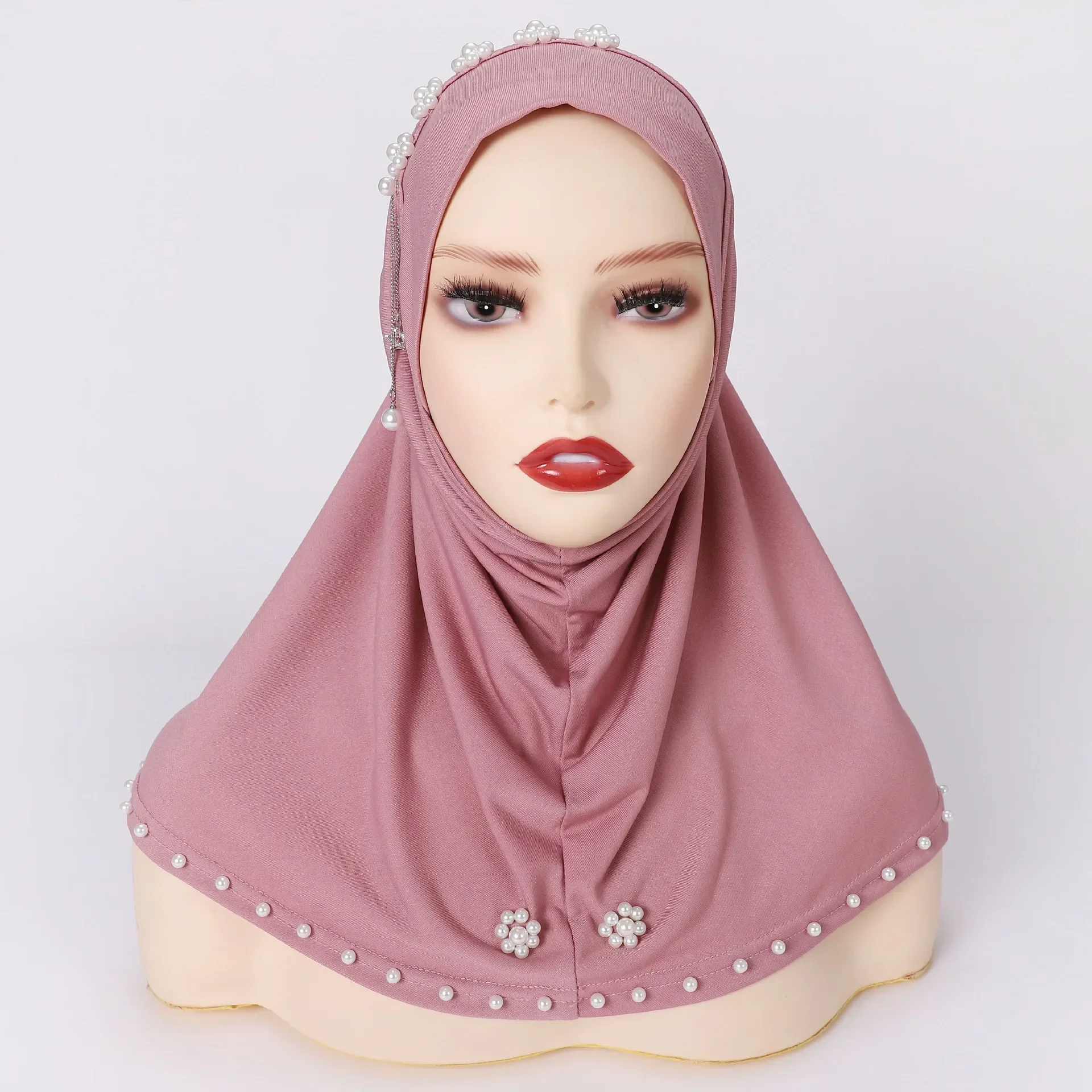 

One Piece Amira Muslim Hijab Women Instant Scarf Headscarf Turban Pearl Bead Hat Middle East Islamic Pull On Head Wrap Niqab Cap