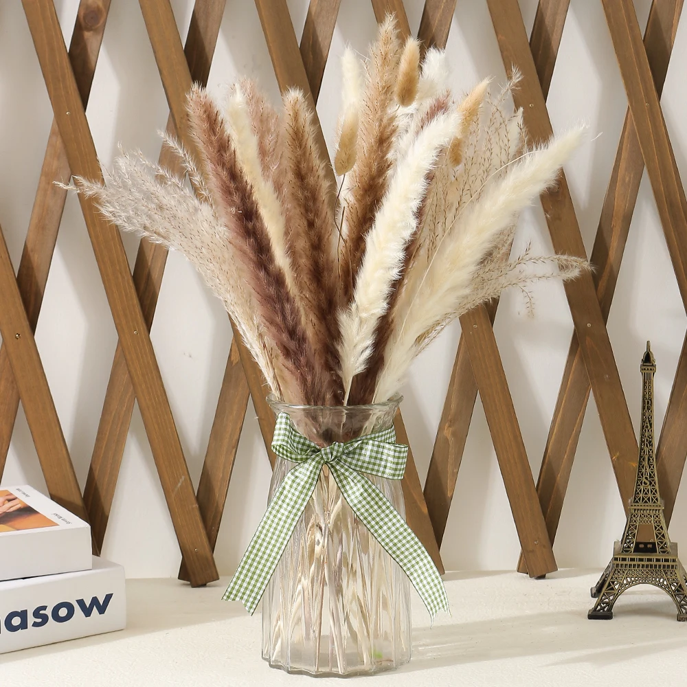 65Pcs Pampas Grass Decor,ดอกไม้แห้งจริง Pamaps หญ้าตกแต่ง Pampas ธรรมชาติ Fluffy Pompous หญ้า Boho ห้องครัวตกแต่งห้องนั่งเล่น