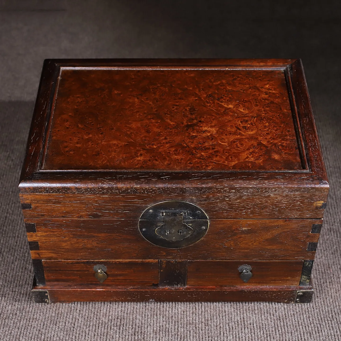 Rare Rosewood Inlaid With Burl Wood Double-Drawer Treasure Chest Storage Box, Finely Crafted