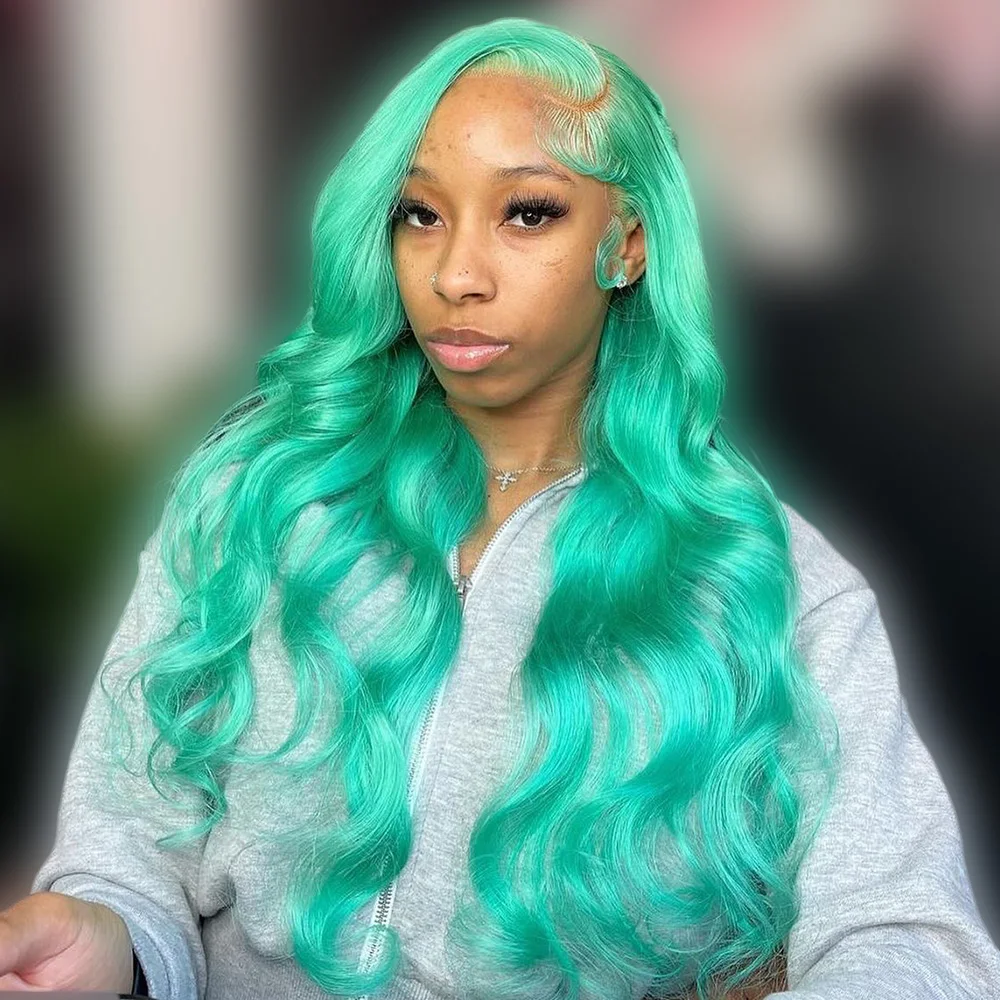 الجسم موجة سماوي الأزرق 13x6 13x4 الدانتيل الشفاف الجبهة خصلات الشعر المستعار الإنسان للنساء قبل قطعها البرازيلي الضوء الأخضر الملونة موجة شعر مستعار
