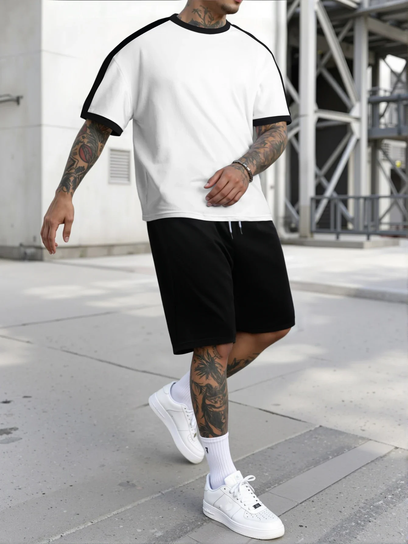 GELITAYIN Summer New Color Matching Sports Suit Men's Short-Sleeved Shorts Loose T-Shirt Five Length Pants Casual Running Set Tw