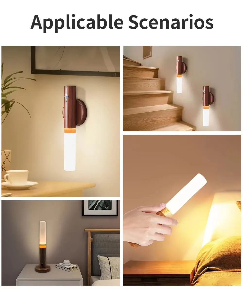 Intelligent Motion Sensor Light USB Rechargeable Wooden Magnetic LED Lamp Human Induction Cabinet Wardrobe Lighting Night Light