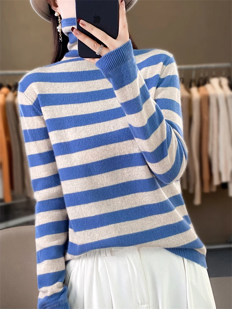 

Merino Wool Women's Pile Collar Striped Pullover Casual Fashionable Autumn Winter Long Sleeved Knitted Sweater
