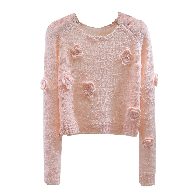 Heavy Embroidery 3D Flower Round Neck Long Sleeve Sweater 2024 Autumn Women's Slimming High Waist Short Pink Knitwear Pullovers