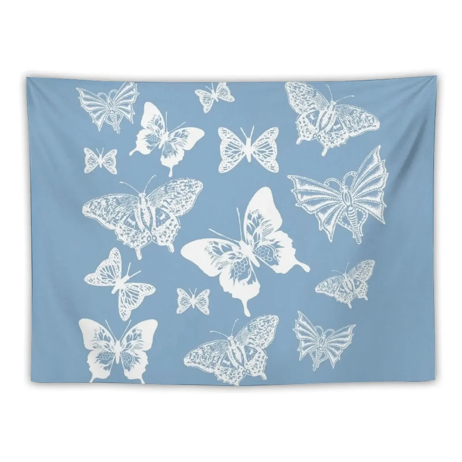 White Butterflies on Smoky Blue Grey Background Tapestry Room Decor Wall Hanging Tapestry