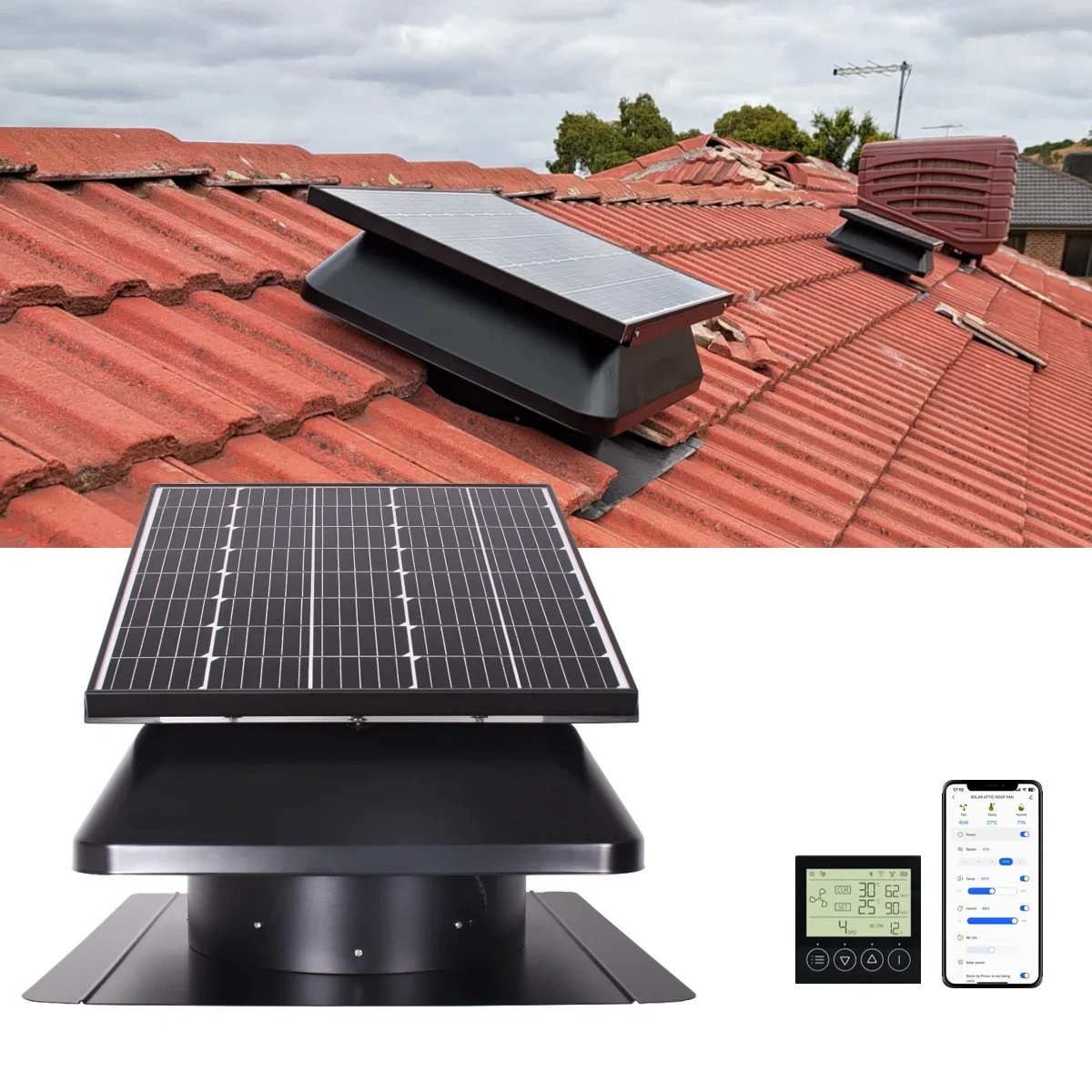 40W 14 Inch Smart Solar Attic Axial Roof Exhaust Fan Eco-Friendly DC Ventilation Heat Extractor Customizable Outdoor