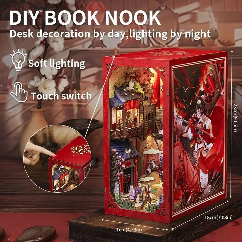 

Chinese Style Book Nook Wooden Dollhouse with Light Dust Cover DIY Bookshelf Insert Decor for Gift the Legend of Mulan