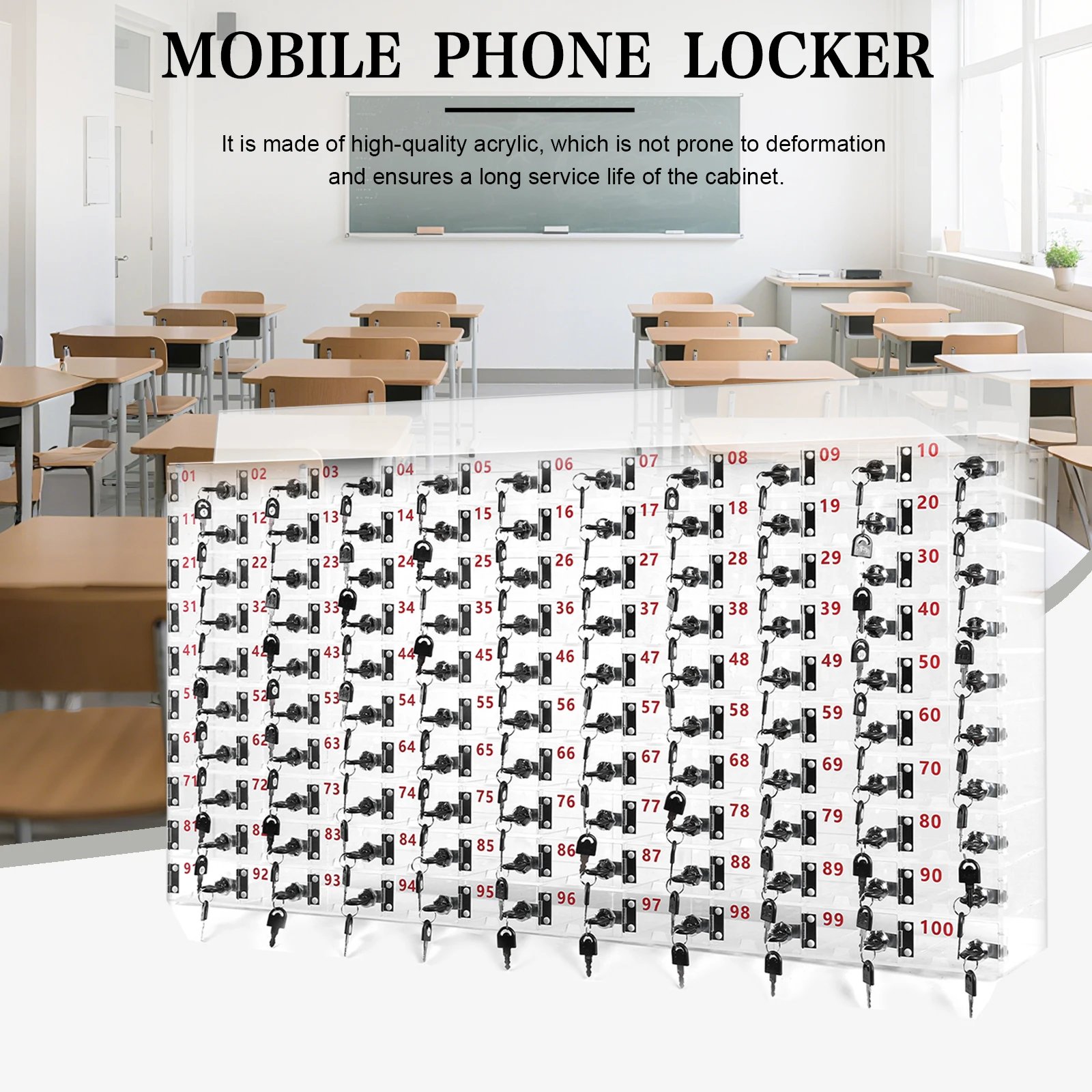 

100 Slots Cell Phone Storage Box with Door Locks and Keys Mobile Phone Safe Deposit Box Clear Acrylic for School Factory Office