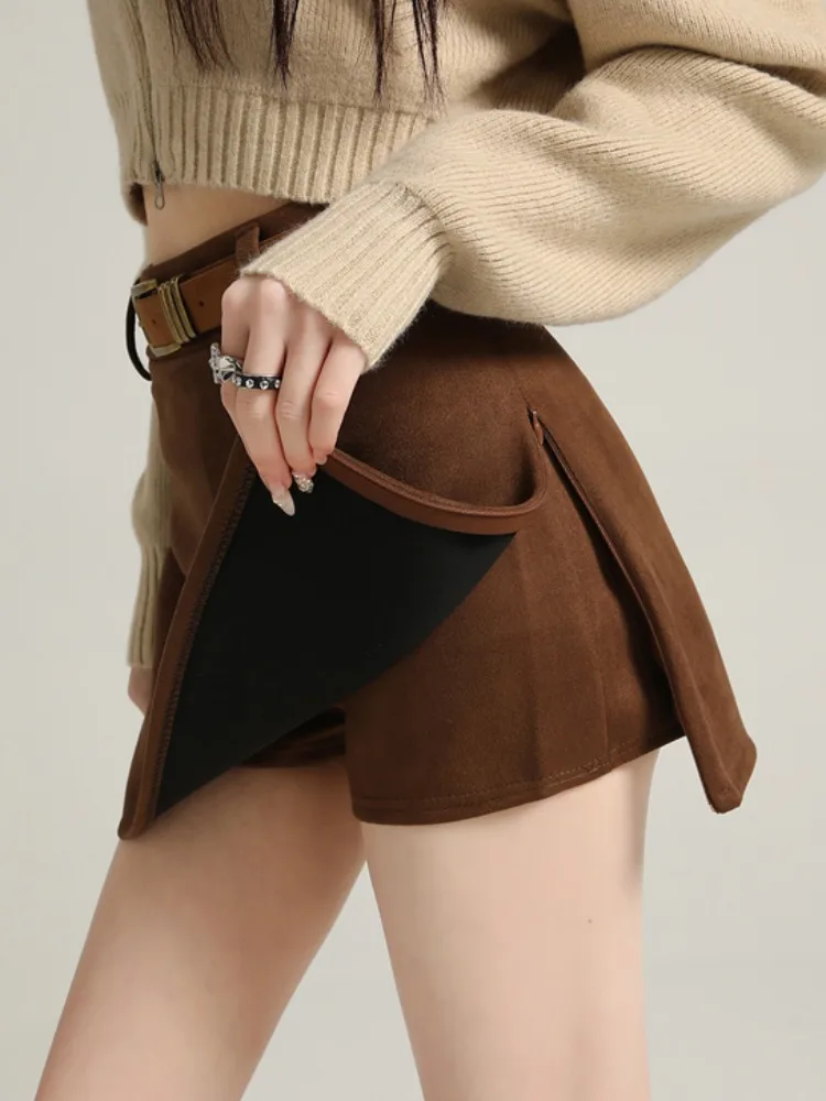 American Retro Brown Deer Skin Velvet  Skirt for Women High Waist Side Slit Sexy f Body Skirt Commute Sle Casual Wear