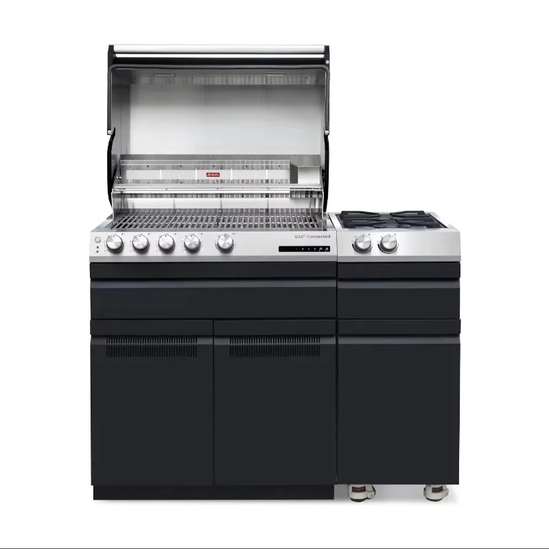 

Luxury 4-Burner Stainless Steel Gas Grill High-End Black Edition Cast Stone Folding Trolley Electronic Ignition Modern Premium