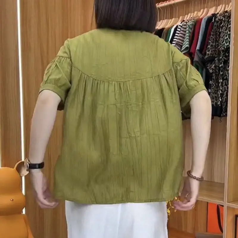 Fashion Shirt Women's 2023 Summer New Short Sleeve Casual Loose Solid Blouse Button Round Neck Folds Elegant Vintage Tops