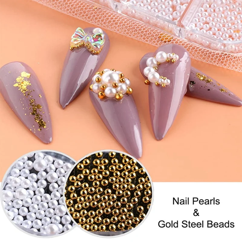 1Box Pearl Decorations Nail Charms White Round Nail Parts Gold Steel Beads Balls Jewelry Nail Art Accessories