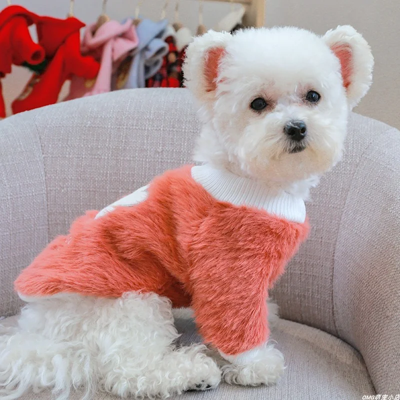 1PC Pet Clothing Autumn/Winter Pink Pullover Plush Flower Round Neck Shirt Suitable for Small and Medium Dogs