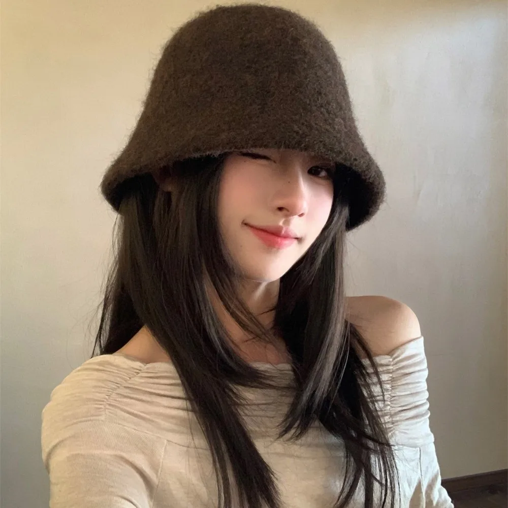 Vintage Solid Color Wool Fisherman Hat Handcrafted Warm Knitted Beanie Windproof Thick Winter Warm Bucket Hat Girl