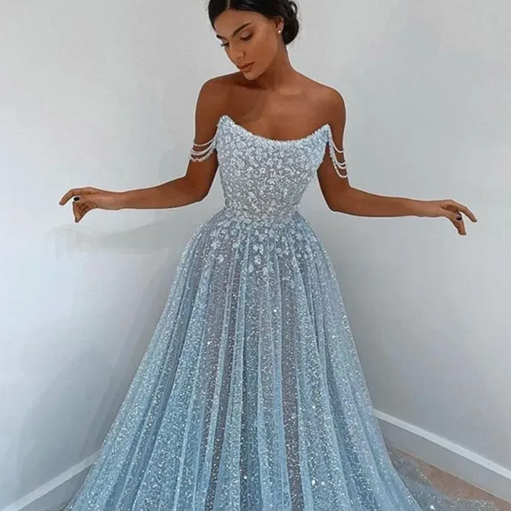 멋진 라이트 스카이 블루 스팽글 이브닝 드레스 섹시한 스파게티 스트랩 백리스 쉬어 튤 블링블링 스팽글 긴 공식 행사