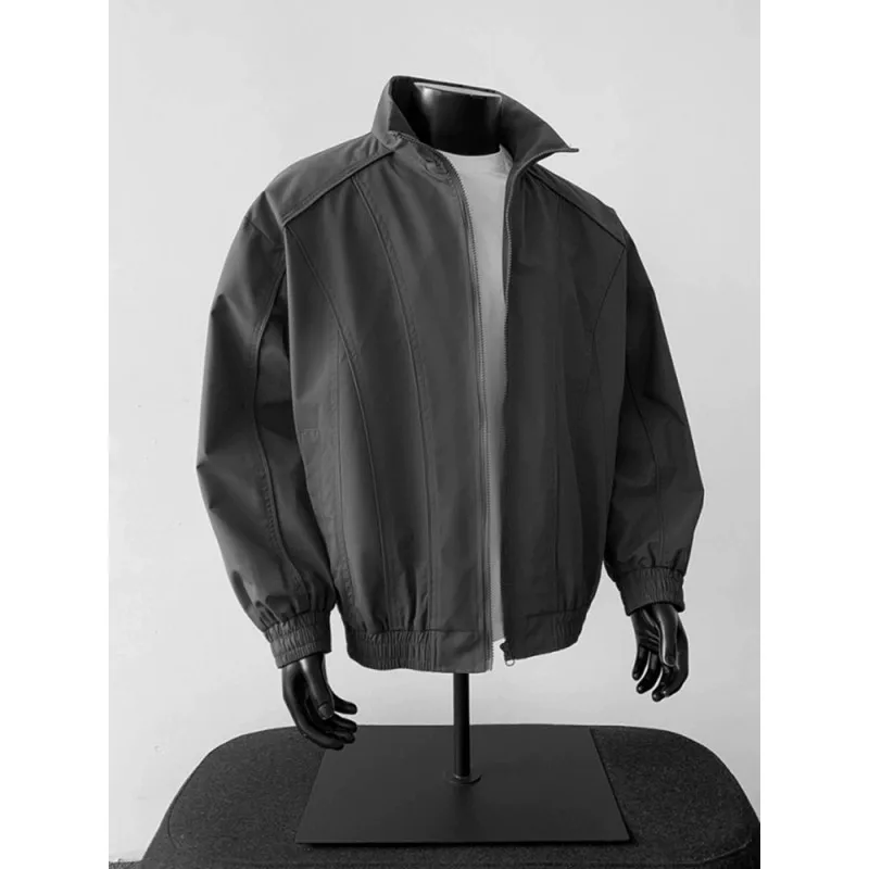 2025 New Men's Navy Loose-fit Stand Collar Jacket Windproof Casual Streetwear Bomber Coat Zip-up Outerwear for Spring Autumn