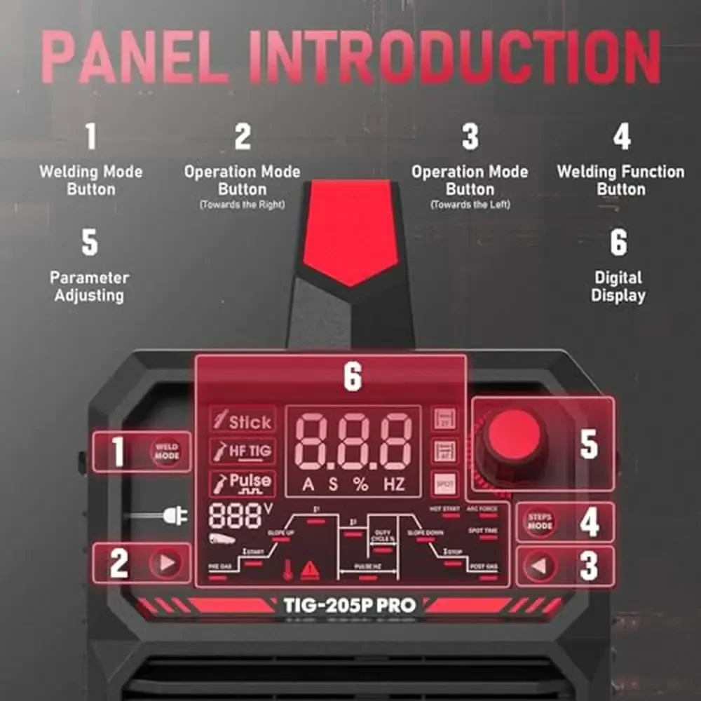 ماكينة لحام TIG مع نبض 205Amp شاشة LED كبيرة عصا/تيار مستمر TIG/PULSE TIG 3 في 1 110 & 220 فولت ماكينة لحام TIG ذات جهد مزدوج TIG-205P