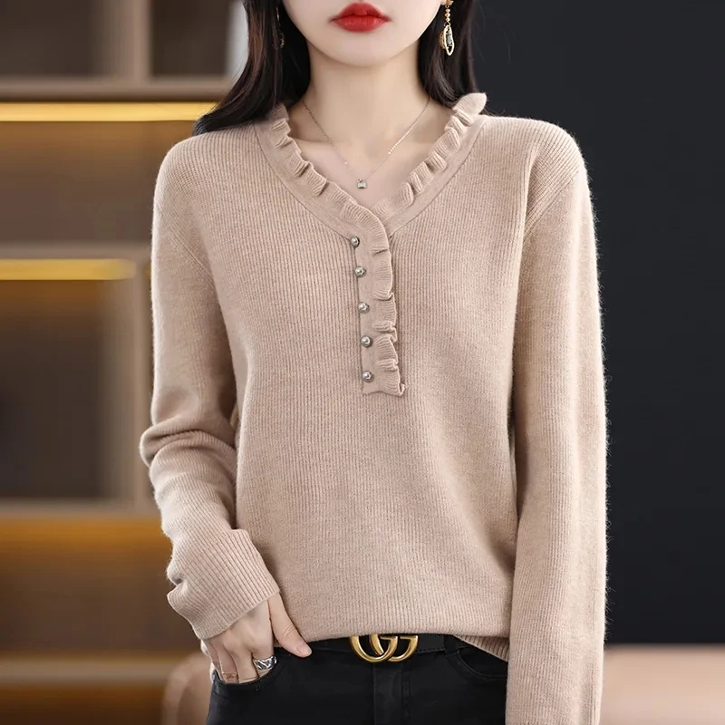 2024 Women New V Neck Sweaters Korean Fashion Autumn Winter Plus Size Simple Knitted Jumpers Female Clothes Casual Pullovers 3XL