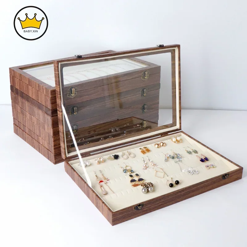 

Wood Grain Leather Jewelry Box Earrings Studs Necklace Storage Box Household Large Capacity Anti-oxidation Jewelry Box