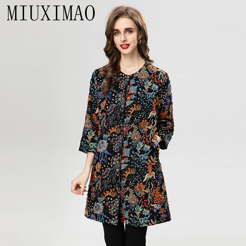 

MIUXIMAO 2023 Autumn&Winter Jacket Women Elegant Diamonds Coat O-Neck Single Breasted Black Flower Fashion Jackets for Women