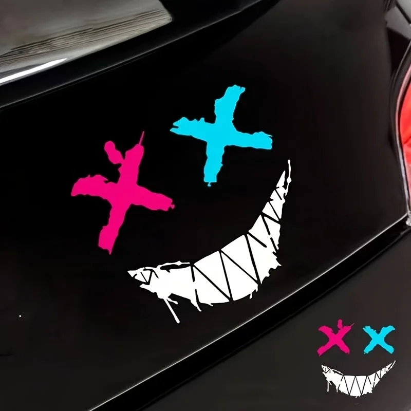 

2D Flat Devil Eye Smile Silver Tooth Sticker, Waterproof Decal for Motorcycle Helmet & Car, High-Visibility Safety Decor