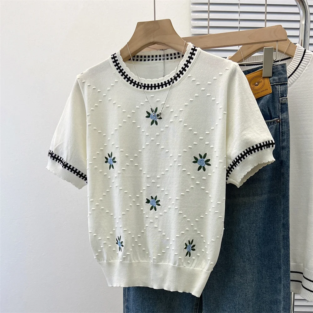 2024 Summer Stylish Sweater For Women Knit Pullover T-shirts Short Sleeve Color-blocked Fashion Elegant Ladies Knitwear Tops