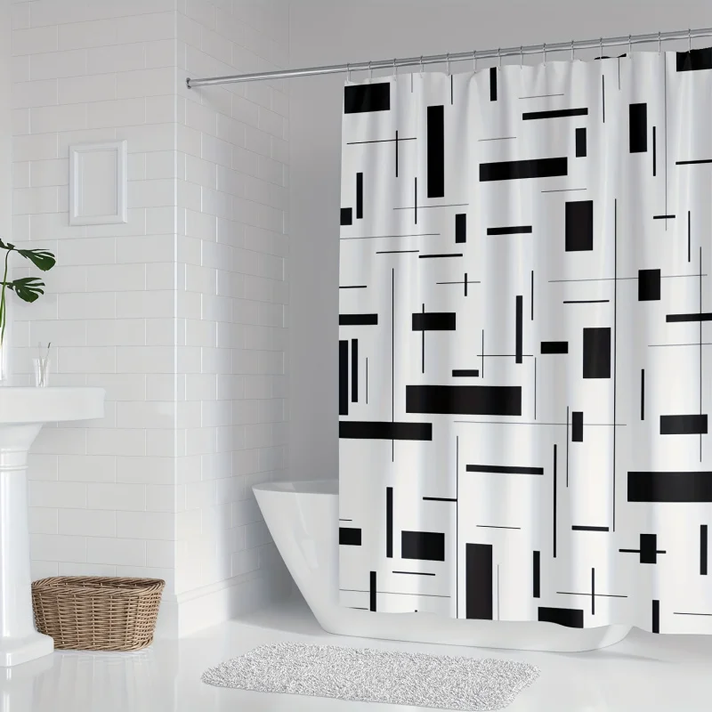 Chic black & white striped square digital print shower curtain-waterproof polyester with hooks, machine washable-ywjhui