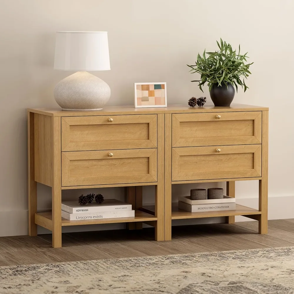 

2 Drawer Nightstand Set of 2, Farmhouse Wood End Table with Open Shelf, Large Bedside Night Stand for Bedroom, Natural Oak