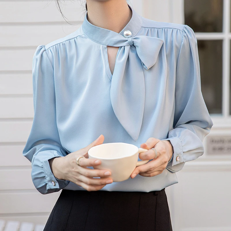 

Satin Blouses for Women Silk Button Down Shirts Long Sleeve Business Casual Tops Light Blue Blouse Elegant Spring Fall Shirts