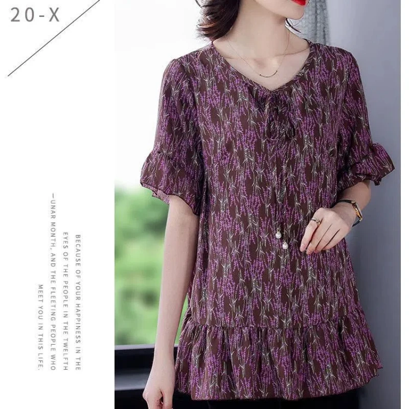 Vintage Printing Loose T Shirts Summer New Short Sleeve Pleated Lacing All-match Casual Tops Tees Fashion Trend Women Clothing