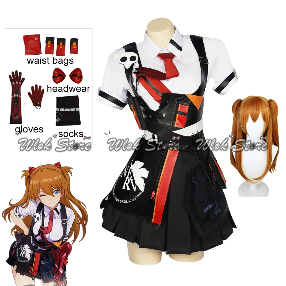 

Honkai Impact 3rd EVA Asuka Langley Soryu Cosplay Costume Leather Skirt With Socks Waistbags Headwear Halloween Party Outfit Wig