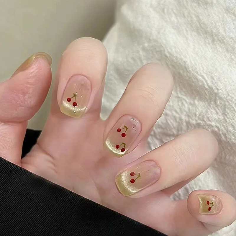 Uñas postizas de estilo francés para mujer y niña, uñas postizas de Ballet, diseño de lazo de cereza, 24 piezas