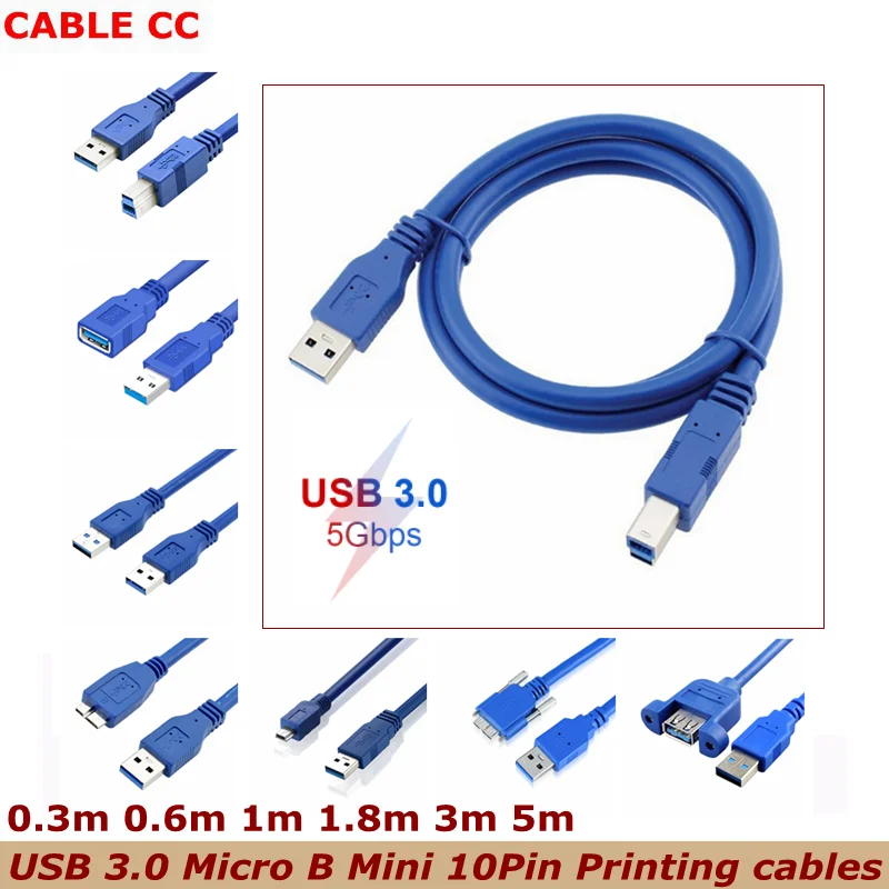 High Speed USB 3.0 Male/Female to Micro B Printing Mini 10 Pin Extension Cable Applied to Mobile Hard Drives, Digital Cameras