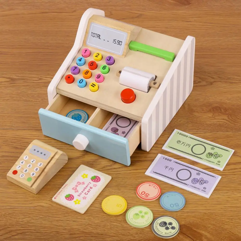 Ensemble de jouets de caisse enregistreuse d'achat de Marketing en bois avec Simulation de carte de crédit ATM modèle Machine supermarché caissier registre jouet